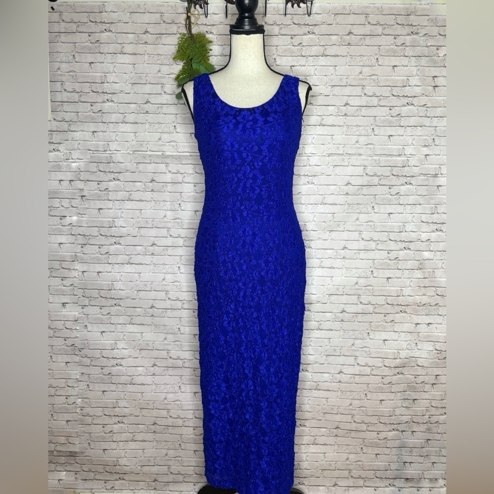 Vintage Cobalt Blue Lace Bodycon Maxi Evening Dress
